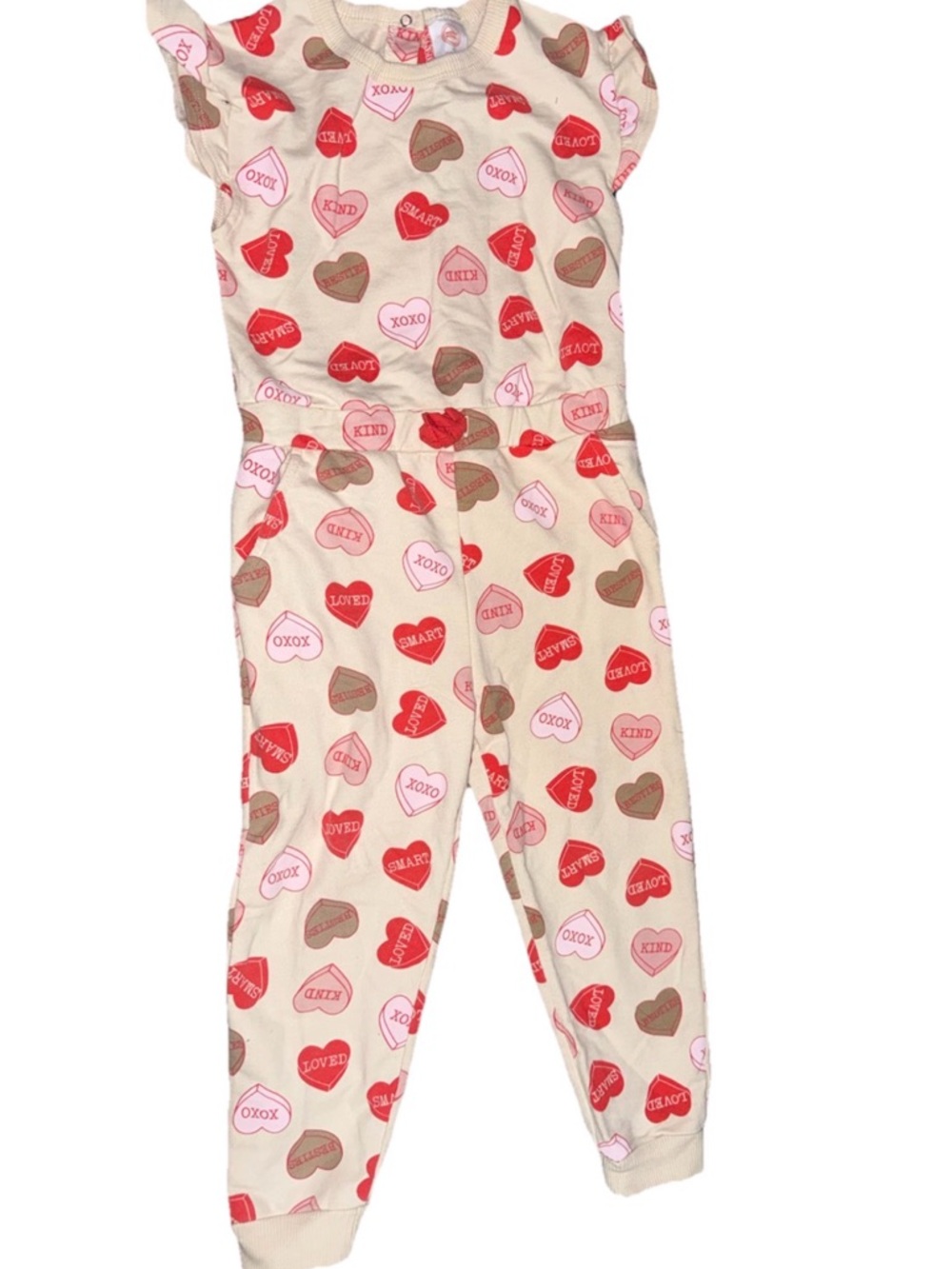 Wonder Nation Cream Heart-Print Girls Jumpsuit with Pink Red Brown Hearts